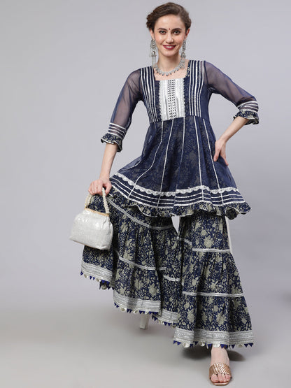 Women's Navy Blue Floral Print Kurta Sharara Set
