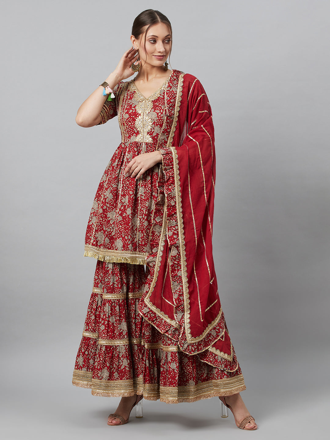 Women's Maroon Floral Print Kurta Sharara With Dupatta