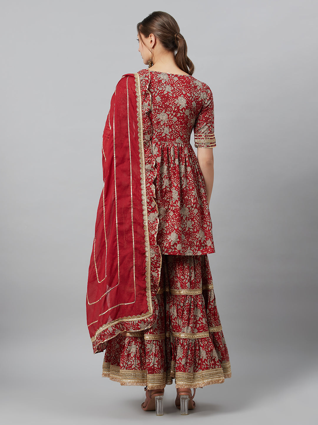 Women's Maroon Floral Print Kurta Sharara With Dupatta