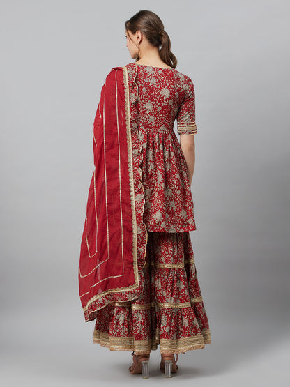 Women's Maroon Floral Print Kurta Sharara With Dupatta