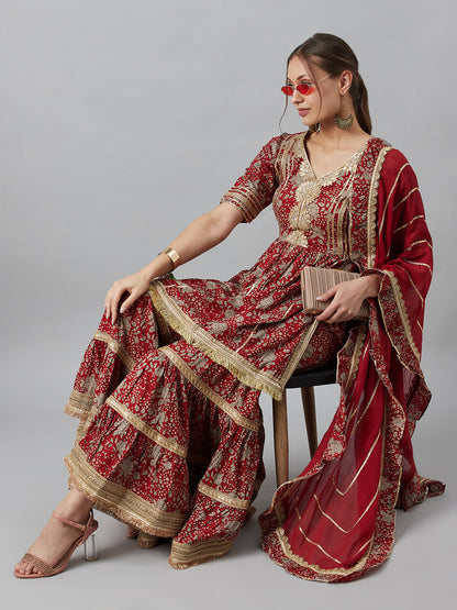 Women's Maroon Floral Print Kurta Sharara With Dupatta