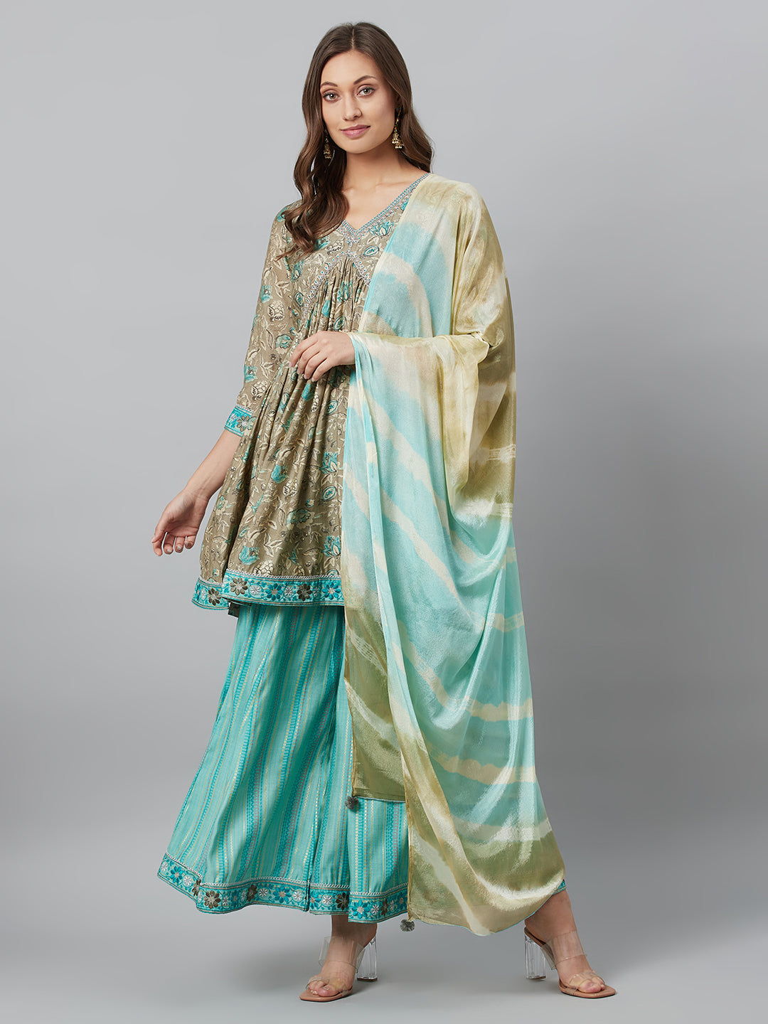 Women's Beige Printed Kurta Palazzo With Dupatta