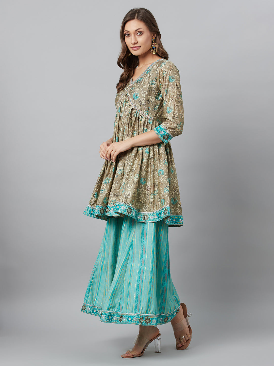Women's Beige Printed Kurta Palazzo With Dupatta