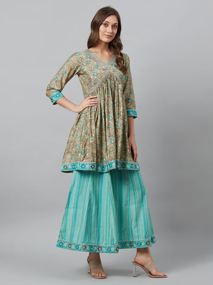 Women's Beige Printed Kurta Palazzo With Dupatta