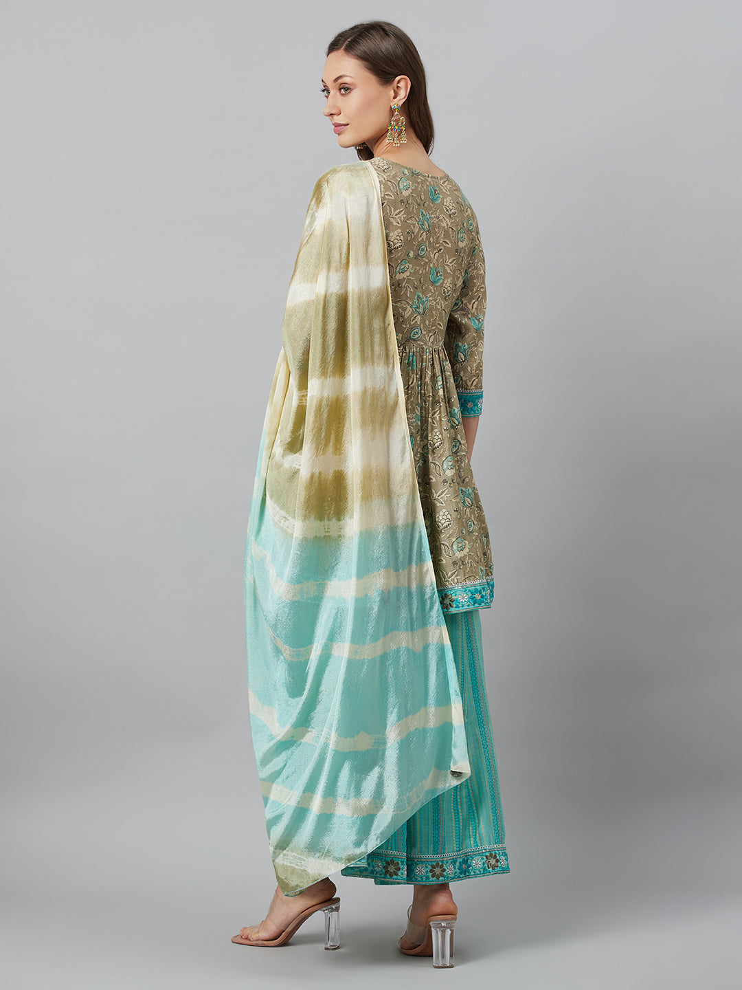 Women's Beige Printed Kurta Palazzo With Dupatta
