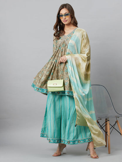 Women's Beige Printed Kurta Palazzo With Dupatta
