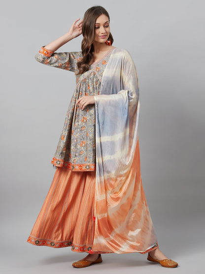 Women's Grey Printed Kurta Palazzo With Dupatta
