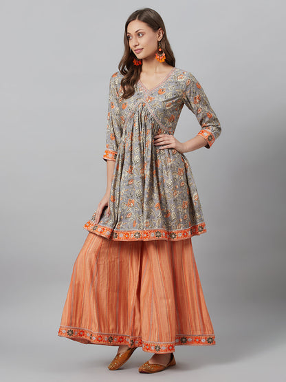 Women's Grey Printed Kurta Palazzo With Dupatta