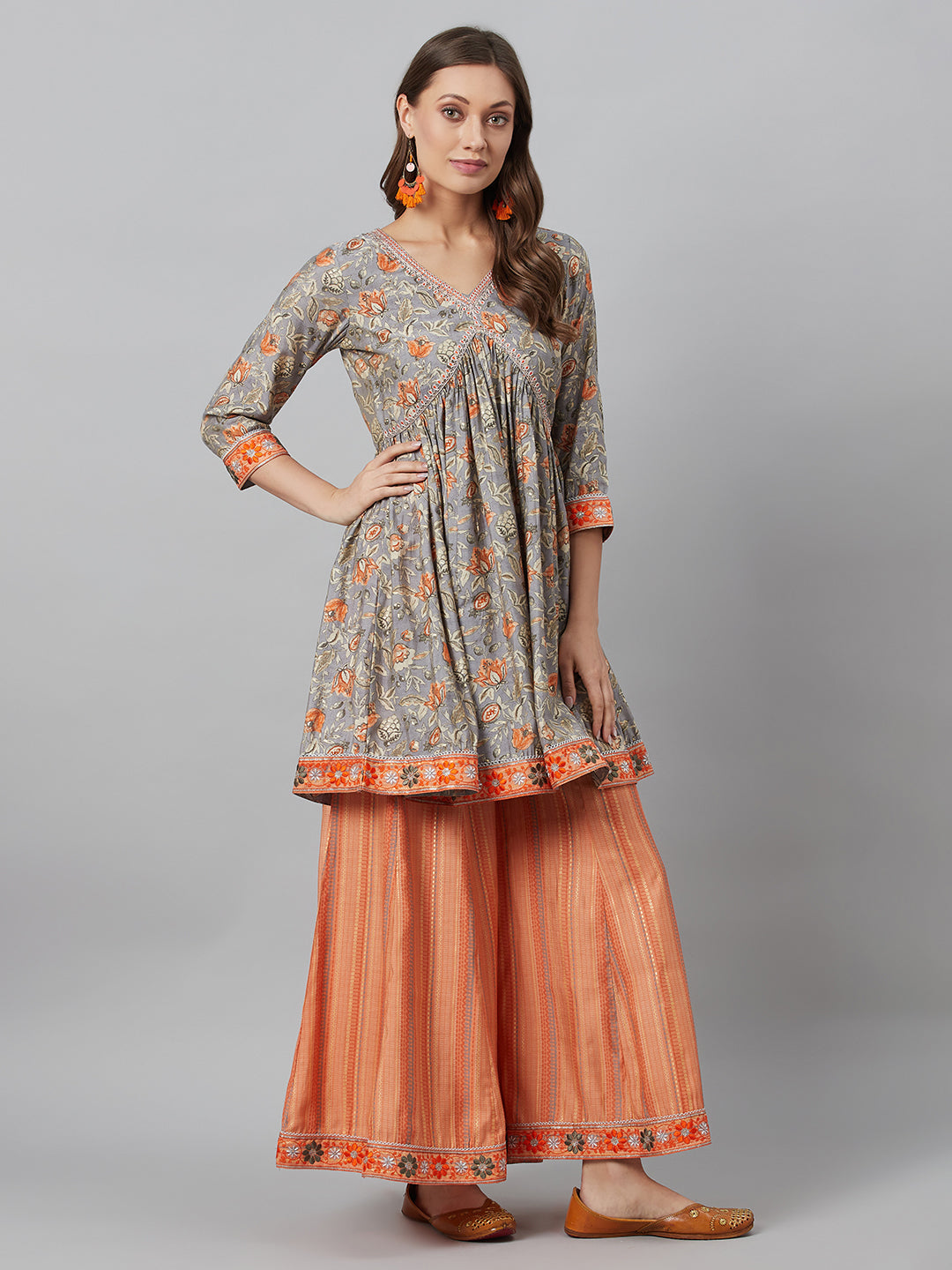 Women's Grey Printed Kurta Palazzo With Dupatta