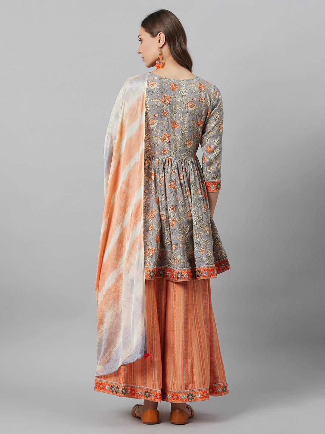 Women's Grey Printed Kurta Palazzo With Dupatta