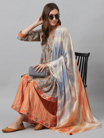 Women's Grey Printed Kurta Palazzo With Dupatta