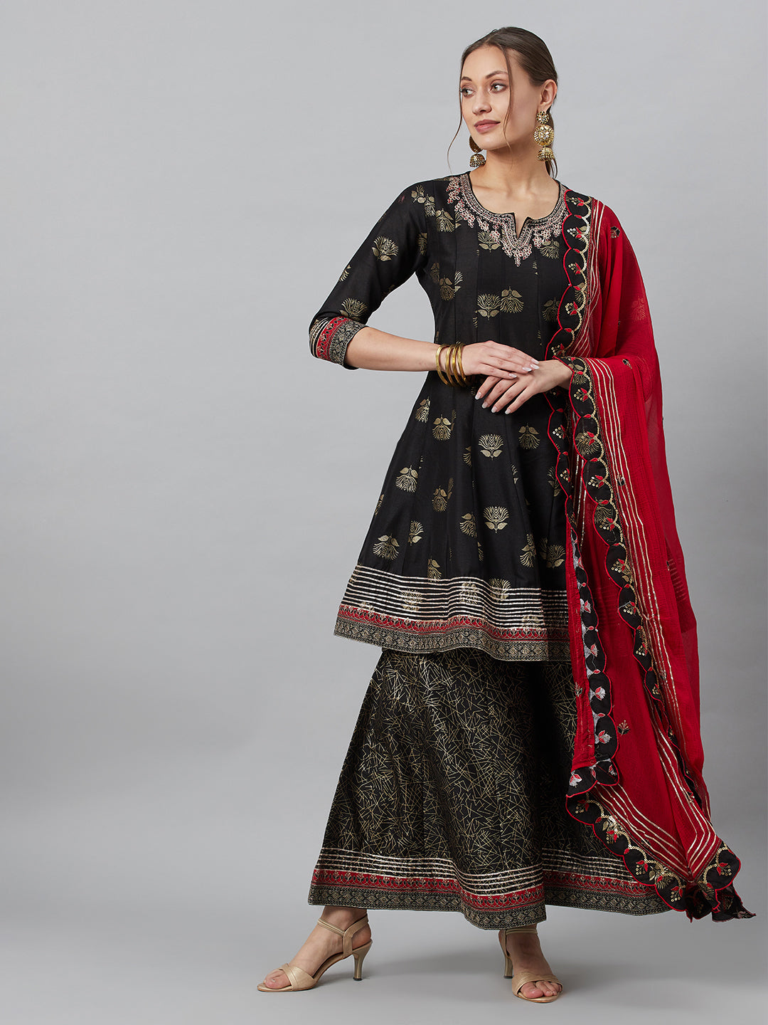 Women's Black Embroidered Kurta Palazzo With Dupatta