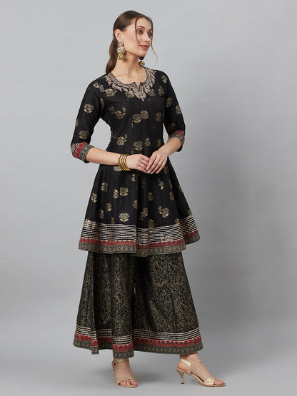 Women's Black Embroidered Kurta Palazzo With Dupatta