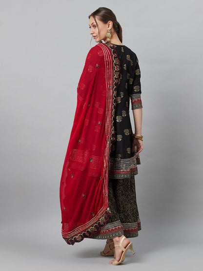 Women's Black Embroidered Kurta Palazzo With Dupatta