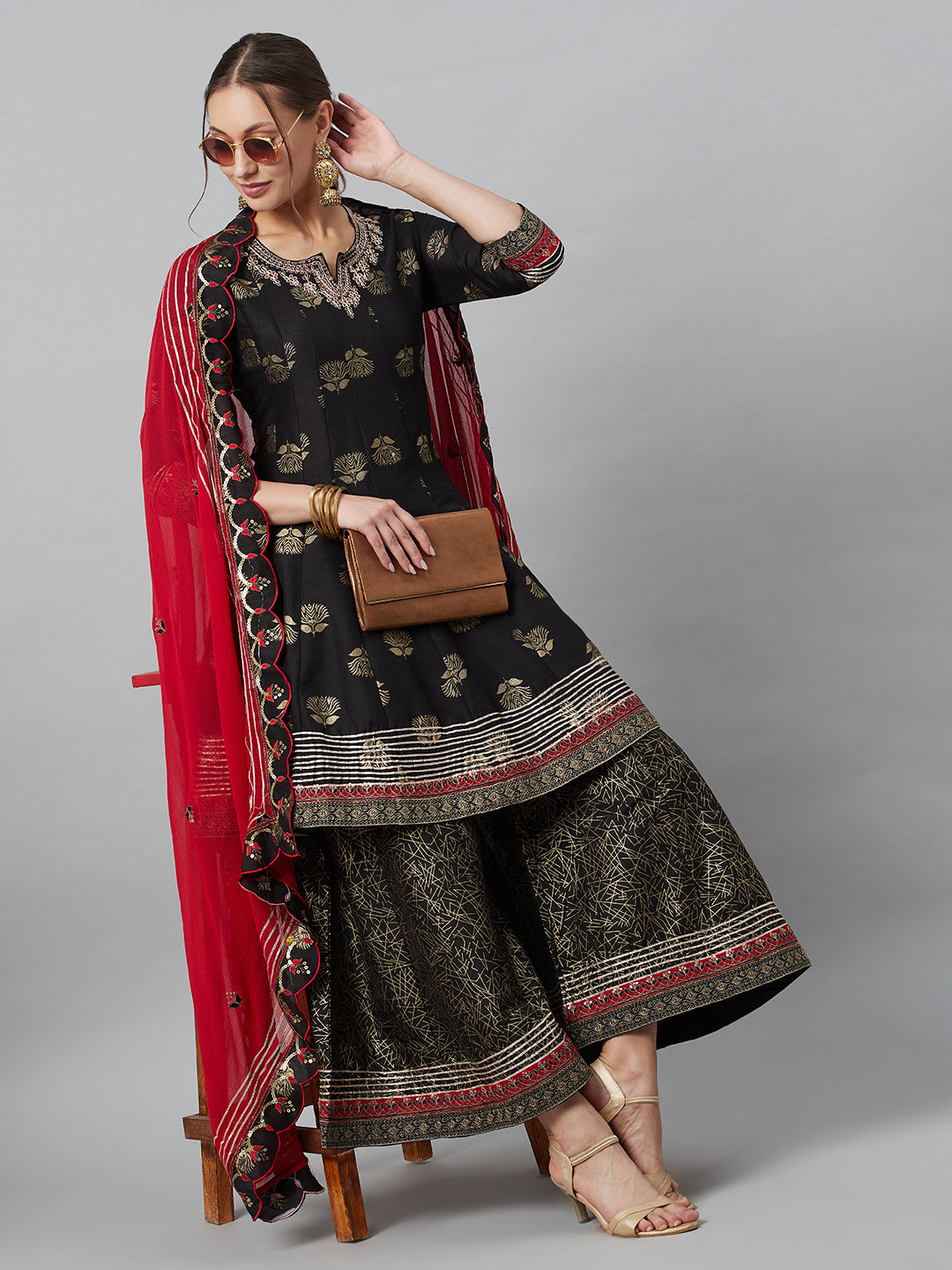 Women's Black Embroidered Kurta Palazzo With Dupatta