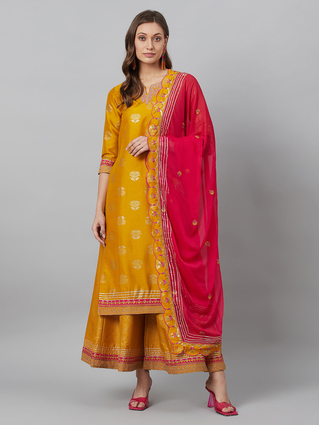 Women's Mustard Embroidered Kurta Palazzo With Dupatta
