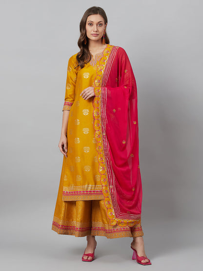 Women's Mustard Embroidered Kurta Palazzo With Dupatta