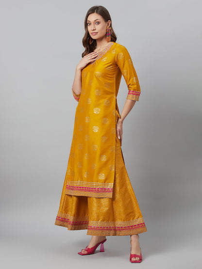 Women's Mustard Embroidered Kurta Palazzo With Dupatta