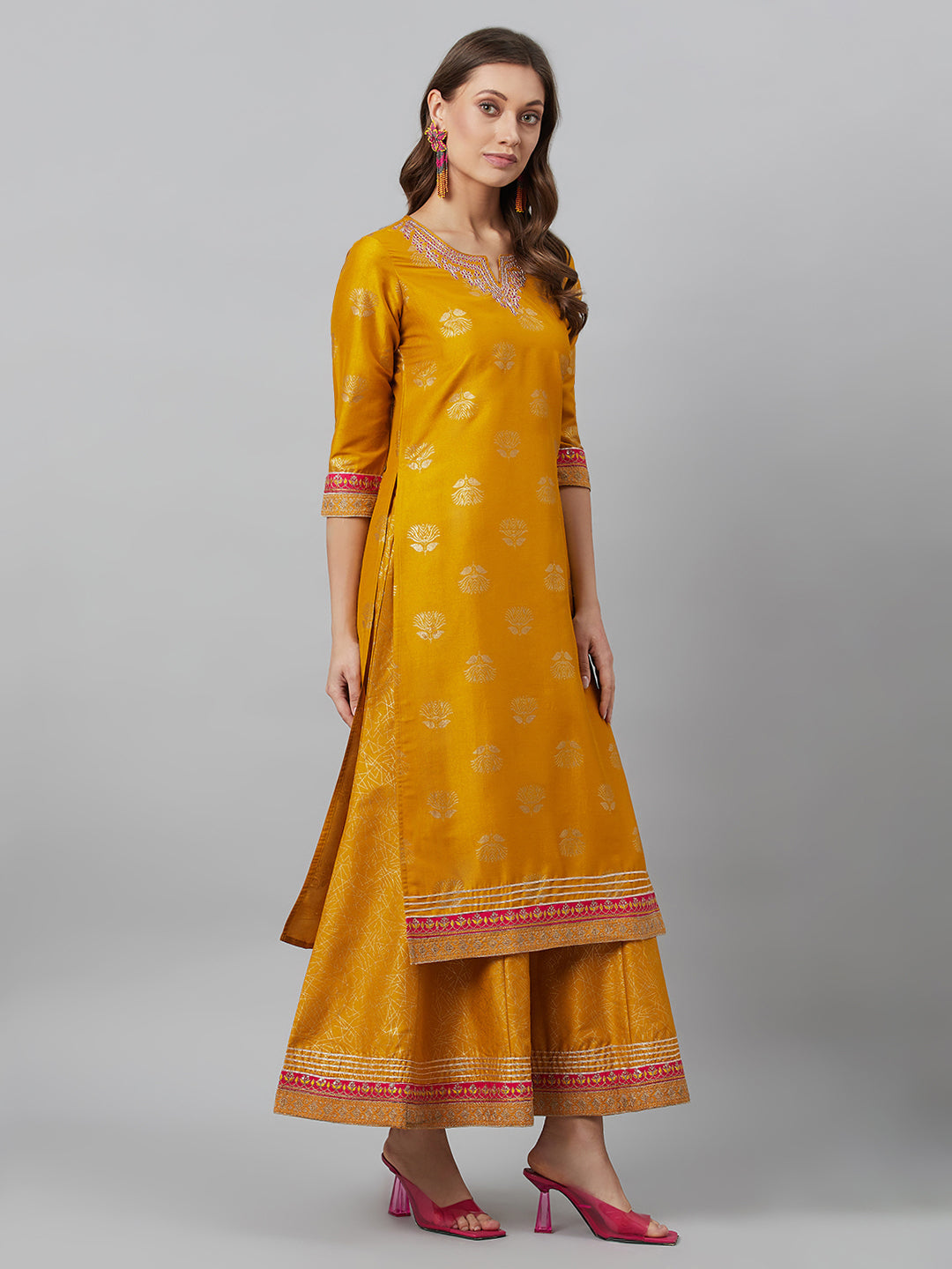 Women's Mustard Embroidered Kurta Palazzo With Dupatta