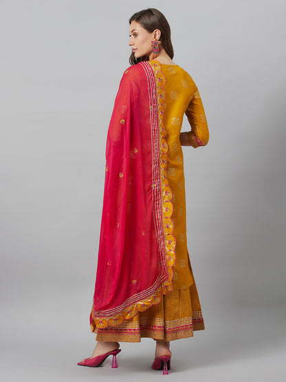 Women's Mustard Embroidered Kurta Palazzo With Dupatta