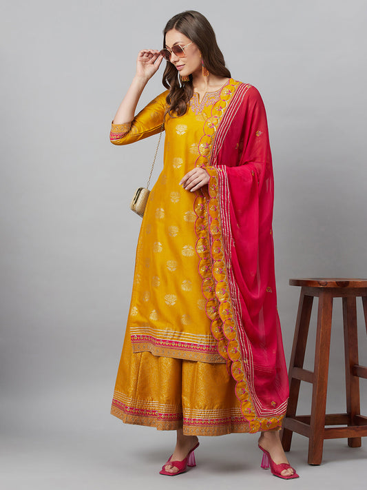 Women's Mustard Embroidered Kurta Palazzo With Dupatta