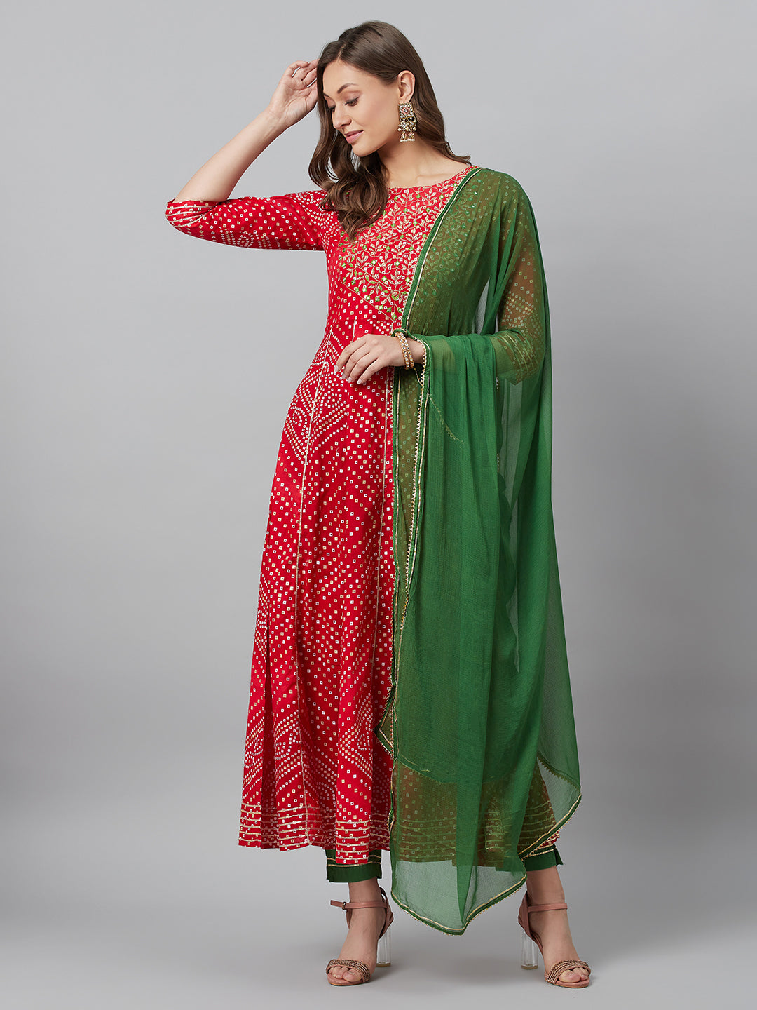 Women's Red Embroidered Anarkali Pant With Dupatta