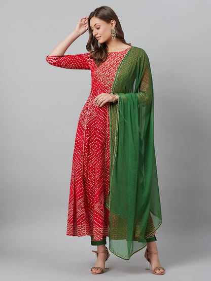 Women's Red Embroidered Anarkali Pant With Dupatta