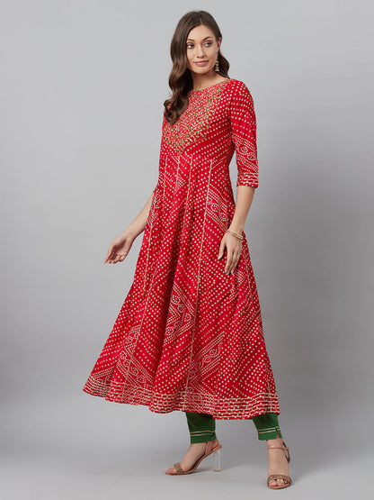 Women's Red Embroidered Anarkali Pant With Dupatta