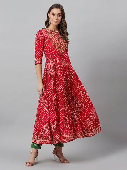 Women's Red Embroidered Anarkali Pant With Dupatta