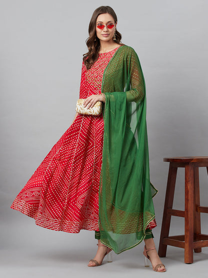 Women's Red Embroidered Anarkali Pant With Dupatta