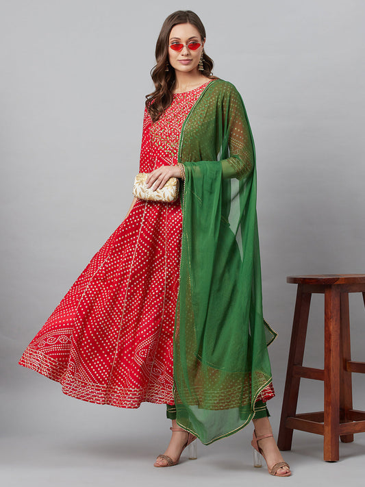 Women's Red Embroidered Anarkali Pant With Dupatta