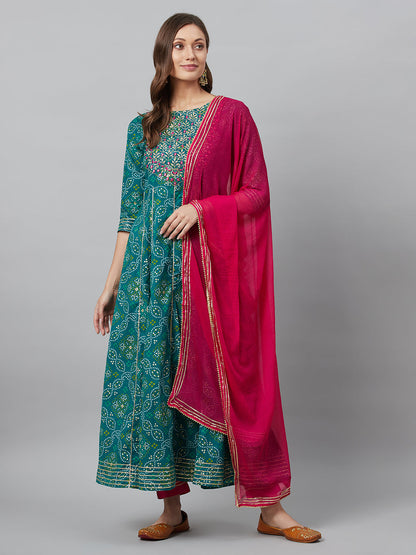 Women's Blue Embroidered Anarkali Pant With Dupatta