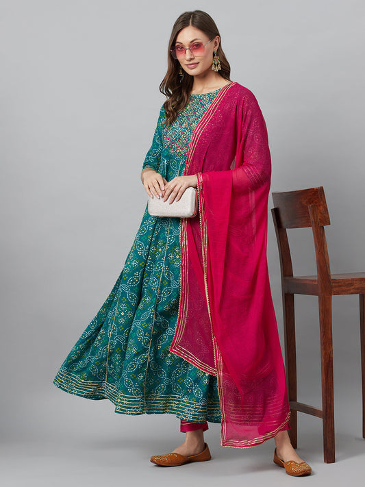 Women's Blue Embroidered Anarkali Pant With Dupatta