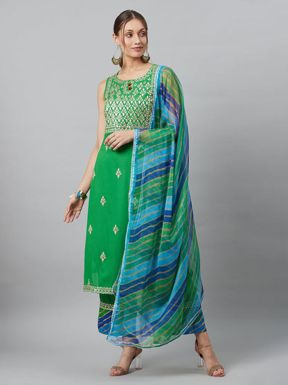 Women's Green Embroidered Kurta Palazzo With Dupatta