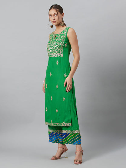 Women's Green Embroidered Kurta Palazzo With Dupatta