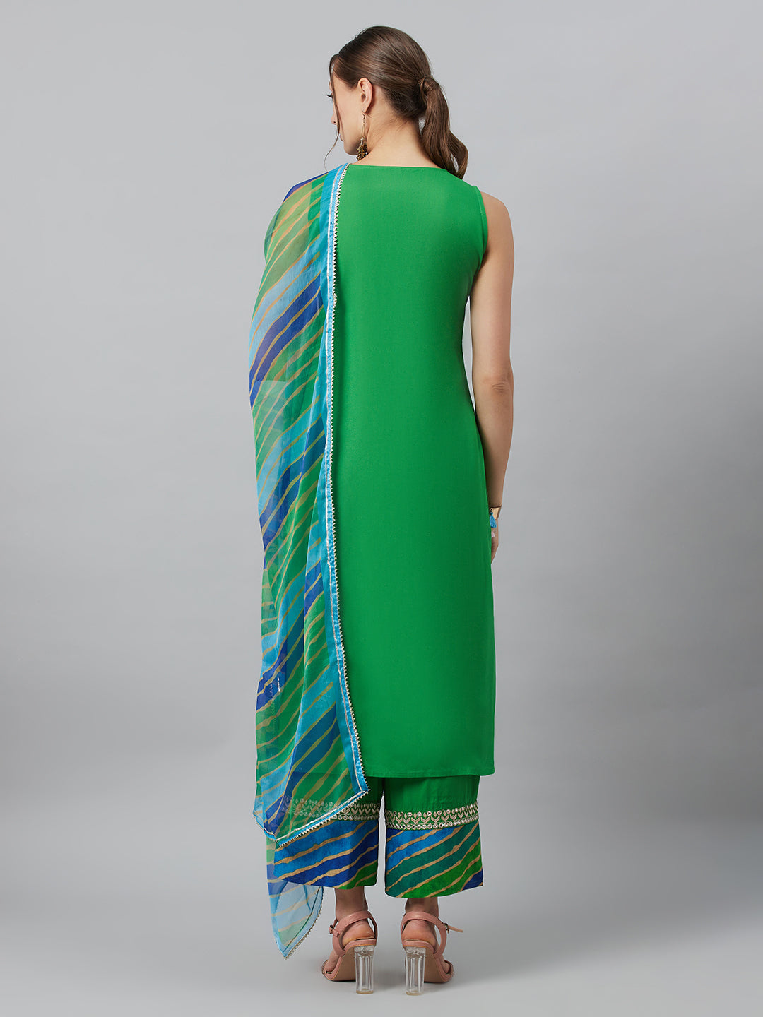 Women's Green Embroidered Kurta Palazzo With Dupatta