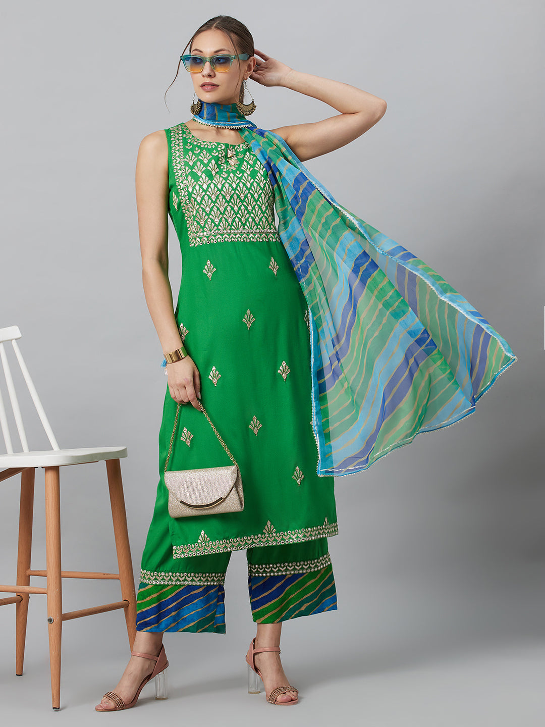 Women's Green Embroidered Kurta Palazzo With Dupatta