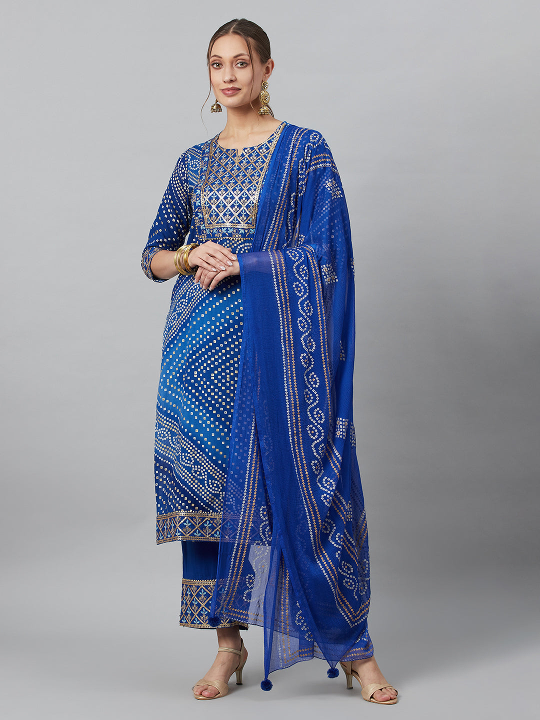 Women's Blue Embroidered Kurta Palazzo With Dupatta