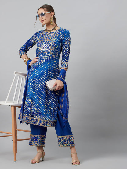 Women's Blue Embroidered Kurta Palazzo With Dupatta