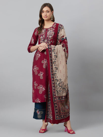 Women's Burgundy Embroidered Kurta Palazzo With Dupatta