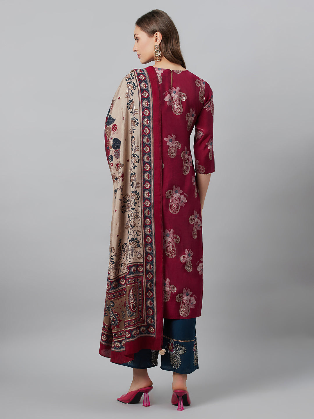 Women's Burgundy Embroidered Kurta Palazzo With Dupatta