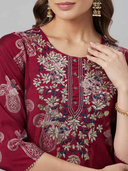 Women's Burgundy Embroidered Kurta Palazzo With Dupatta