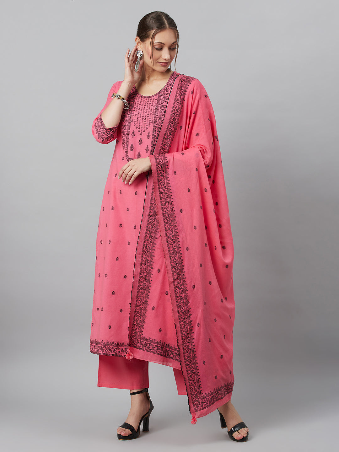 Women's Pink Embroidered Kurta Palazzo With Dupatta