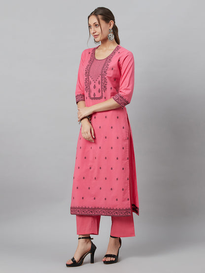 Women's Pink Embroidered Kurta Palazzo With Dupatta