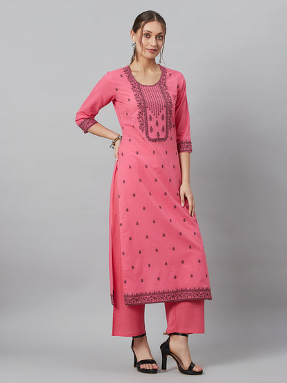 Women's Pink Embroidered Kurta Palazzo With Dupatta
