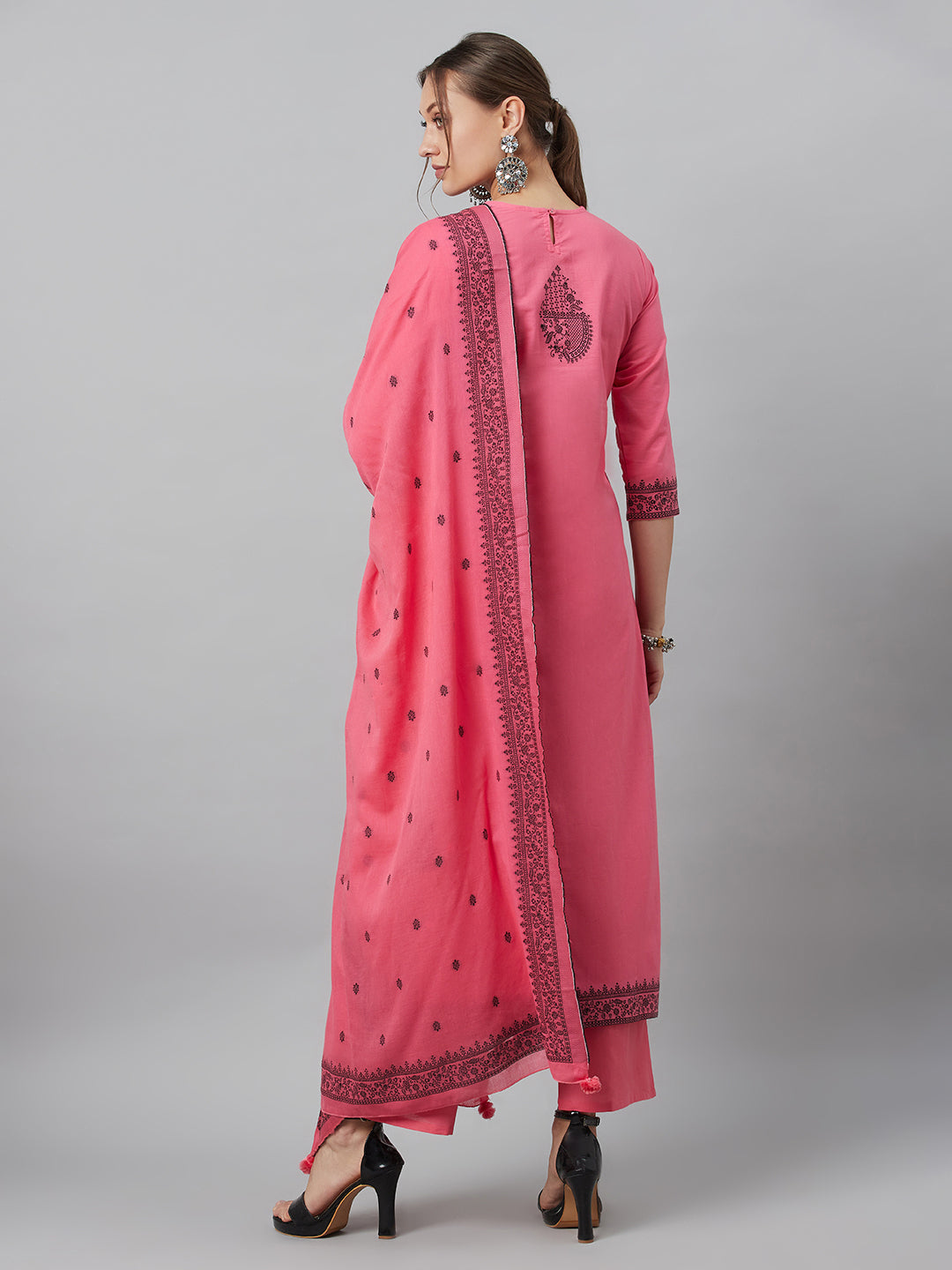Women's Pink Embroidered Kurta Palazzo With Dupatta