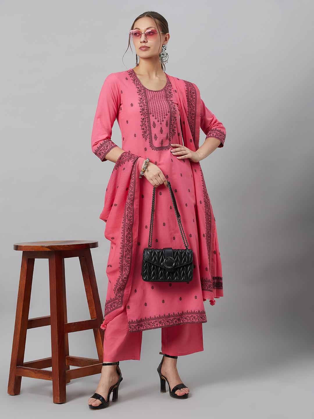 Women's Pink Embroidered Kurta Palazzo With Dupatta