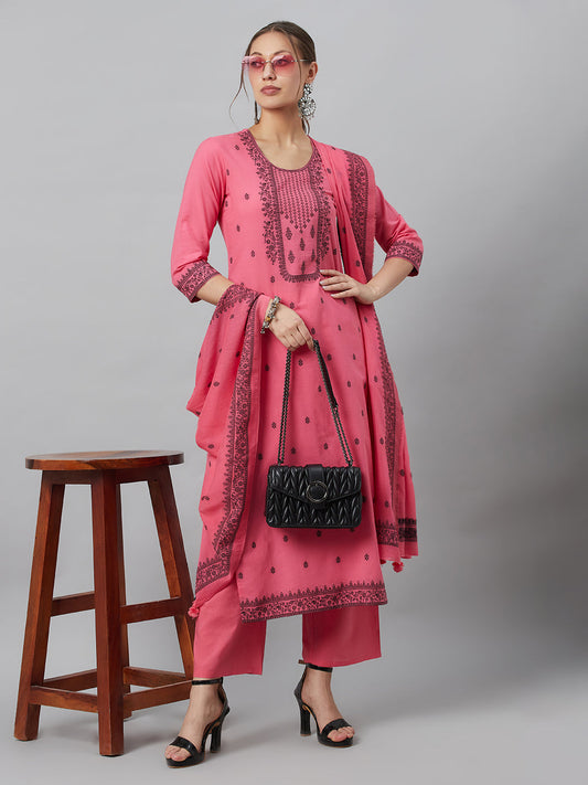 Women's Pink Embroidered Kurta Palazzo With Dupatta
