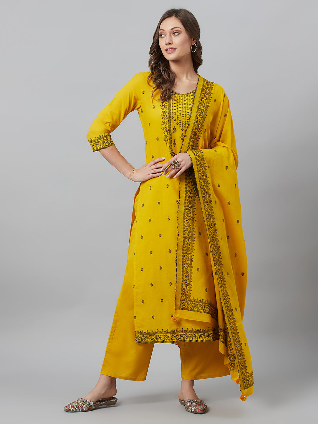 Women's Mustard Embroidered Kurta Palazzo With Dupatta