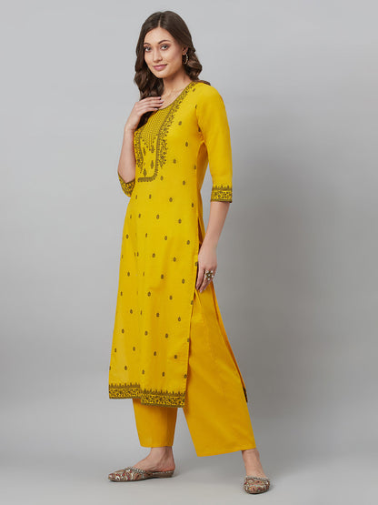 Women's Mustard Embroidered Kurta Palazzo With Dupatta